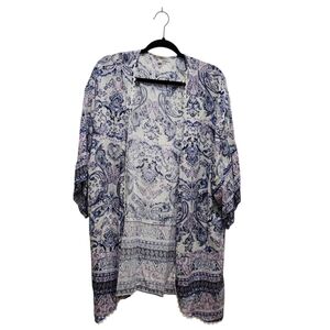 DR Dylan Ryan Purple Blue Floral Paisley Open Front Lace Trim Kimono Size L